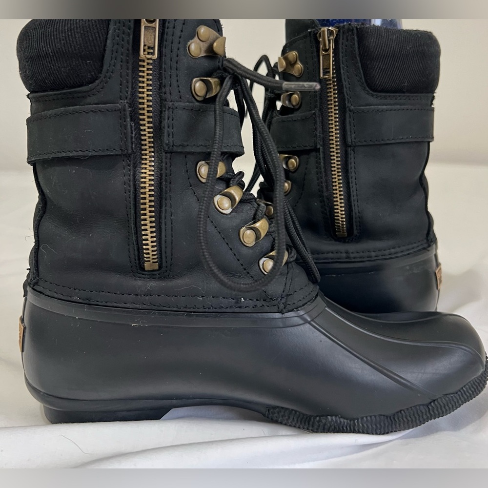 Sperry Black Duck Lace Up Side Zip Buckle Lug sole Strap Rain Snow Boots - Picture 4 of 9